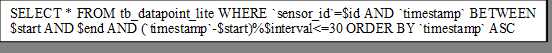 SELECT * FROM tb_datapoint_lite WHERE `sensor_id`=$id AND `timestamp` BETWEEN $start AND $end AND (`timestamp`-$start)%$interval<=30 ORDER BY `timestamp` ASC